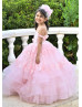Off Shoulder Pink Beaded Lace Layered Tulle Flower Girl Dress